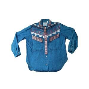 VTG 80's SUNDANCE Shirt Jacket DenimAcid Wash Western Aztec Hand painted Signed